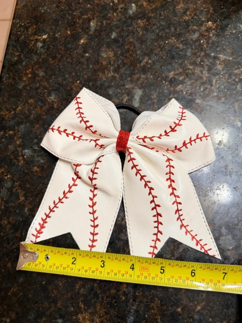 NWOT Vegan Leather White Baseball Red Stitch Bow Pony Tail Holder - Picture 5 of 6